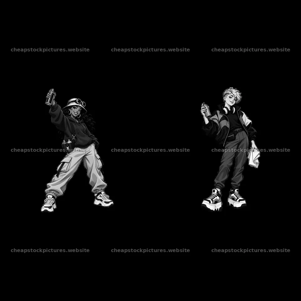 Cartoon graffiti sprayer characters in streetwear holding spray – stock pictures 7746x7746