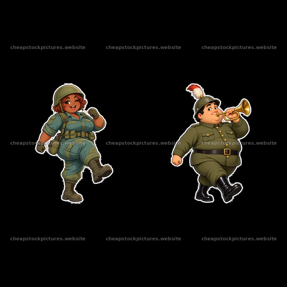 Cute chubby soldier characters marching together in a fun scene – stock pictures 7746x7746