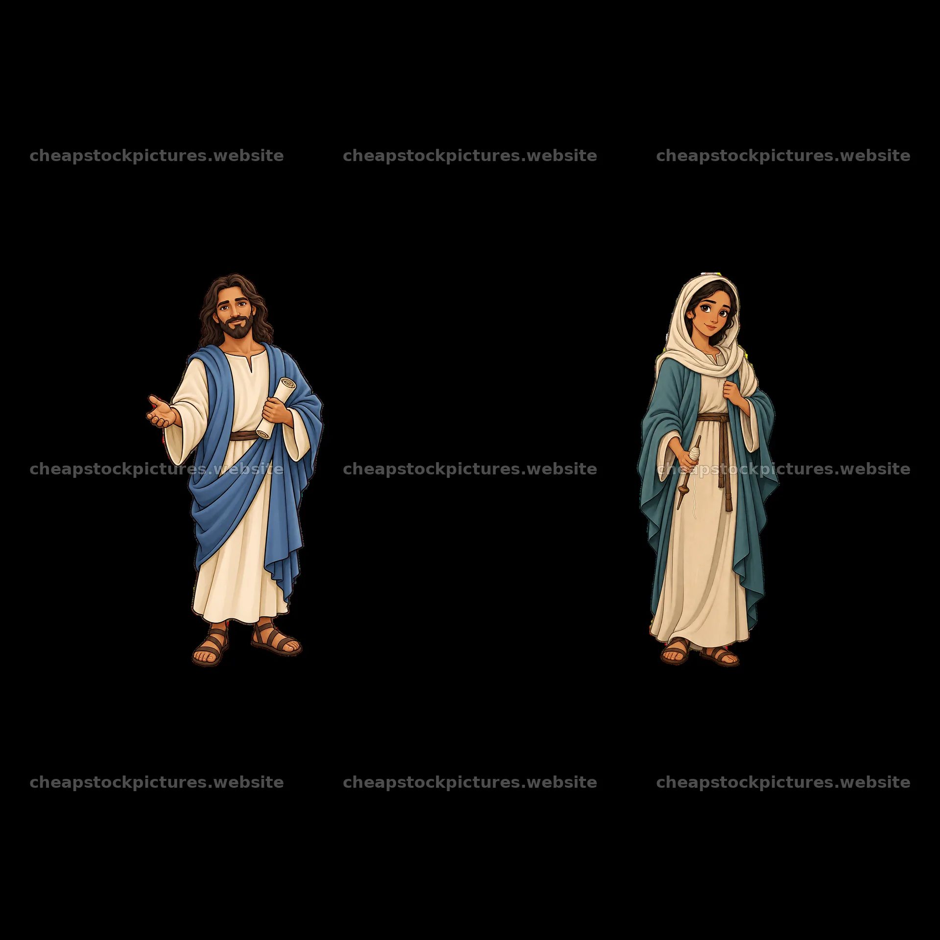 Jesus and Mary in biblical attire with expressive gestures – stock pictures 7746x7746