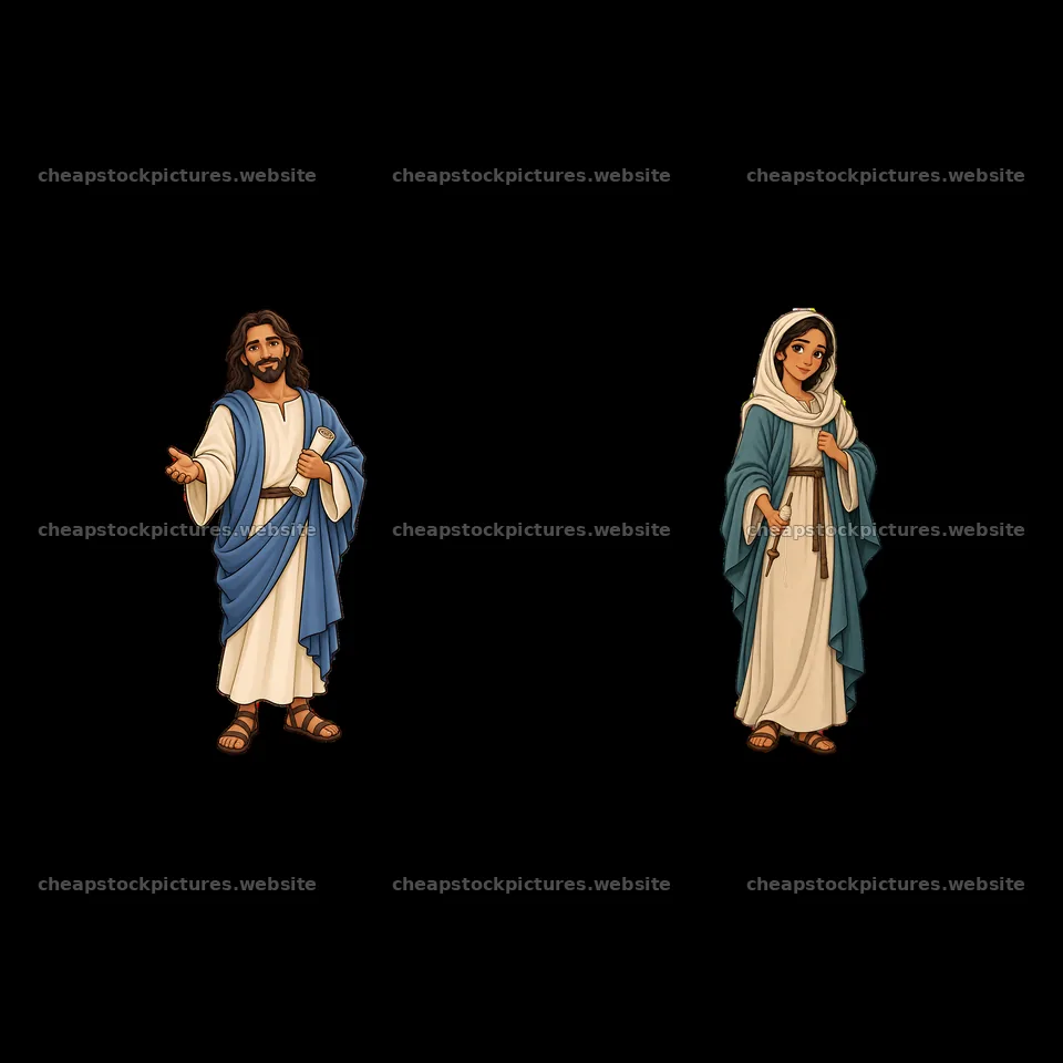 Jesus and Mary in biblical attire with expressive gestures – stock pictures 7746x7746