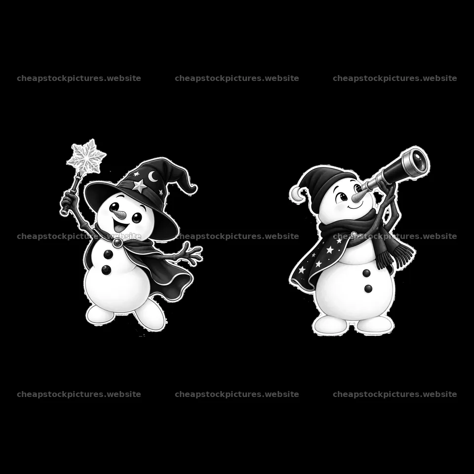 Snowmen characters holding a wand and a telescope in winter – stock pictures 7746x7746