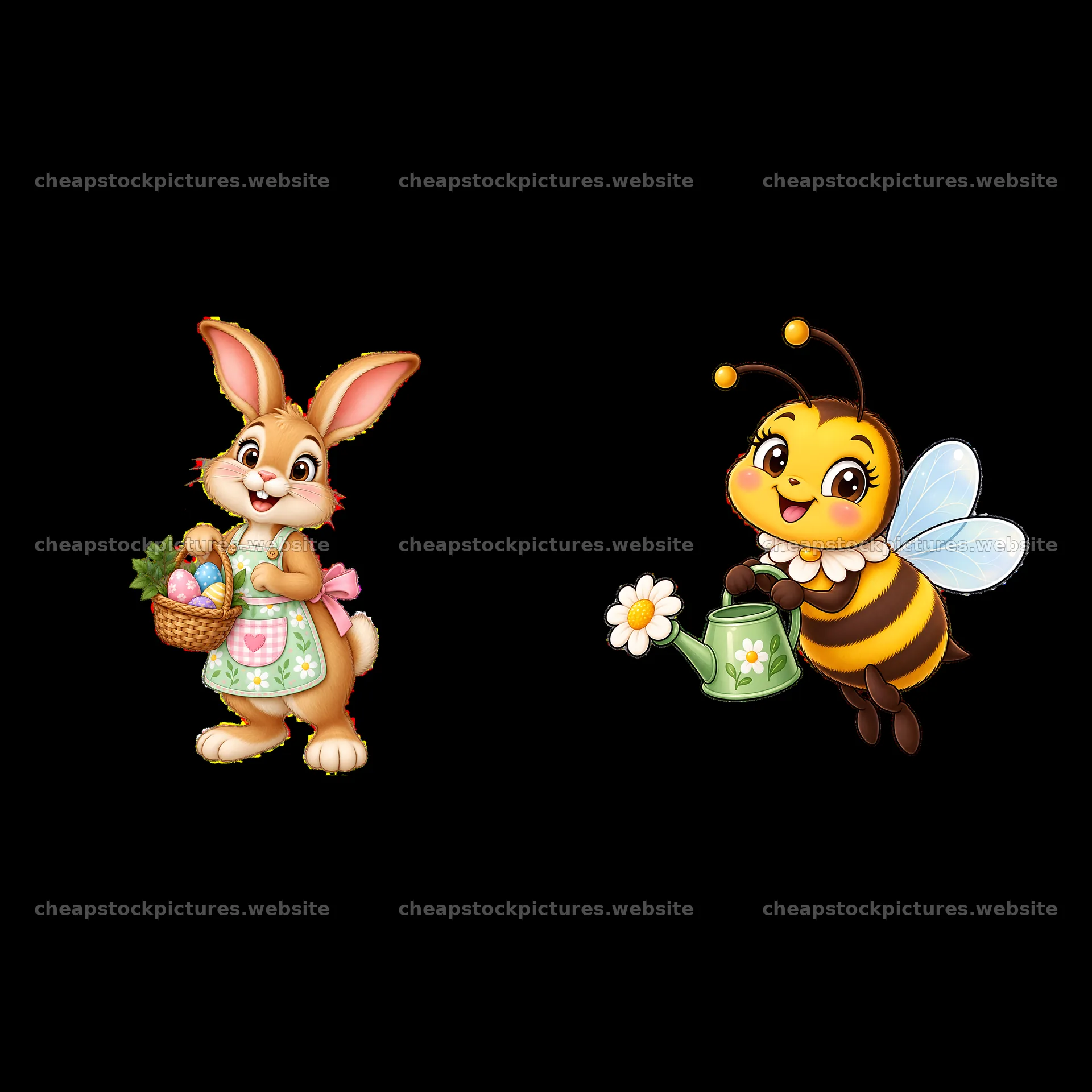 Cute bunny with basket and playful bee watering flowers – stock pictures 7746x7746