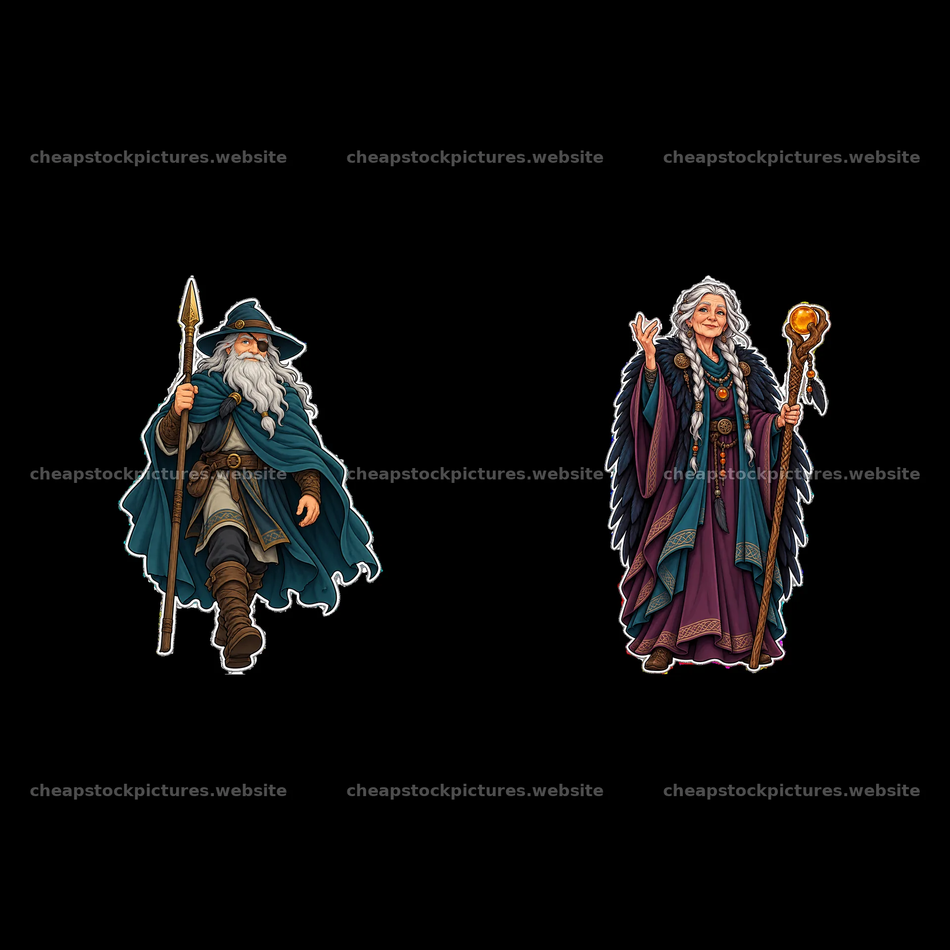 Odin and Freyja walking through a mythical Norse landscape – stock pictures 7746x7746