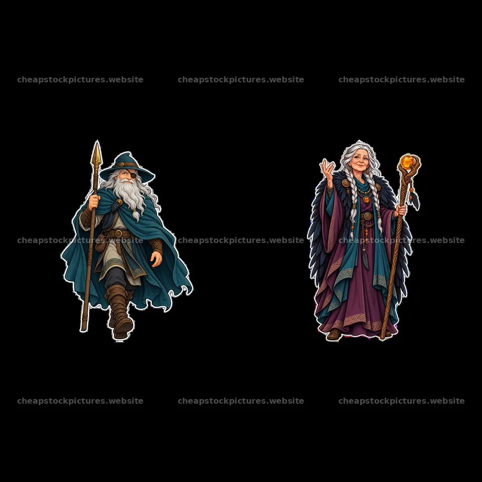 Odin and Freyja walking through a mythical Norse landscape – stock pictures 7746x7746