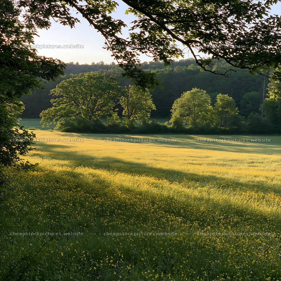 Buttercup meadow with trees and sunlight in the background – stock pictures 7938x7938