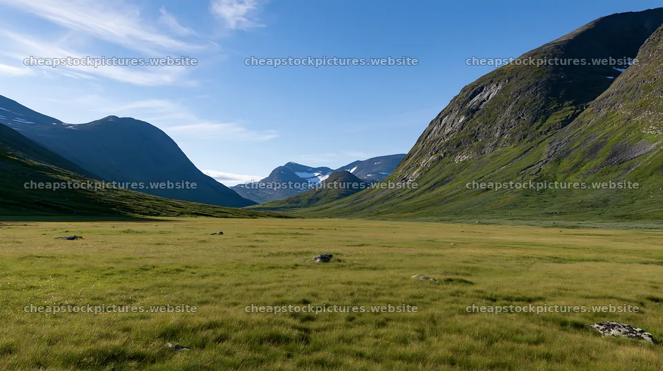 Sunbeams over meadow in Jotunheimen valley – stock pictures 10608x5938