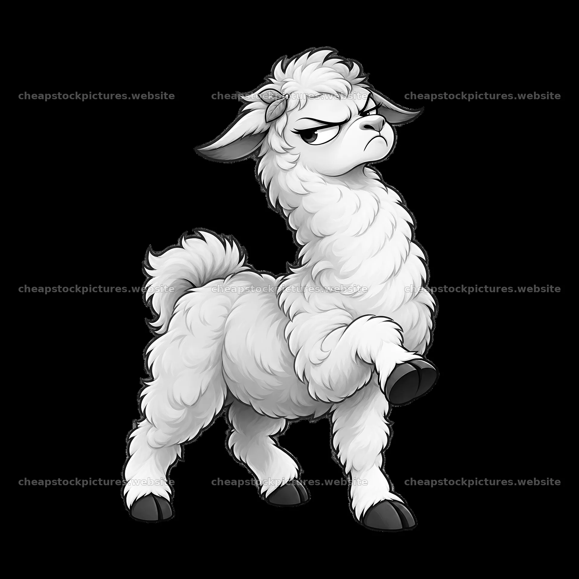 Grumpy llama character with a distinctive pose and expression – stock pictures 7746x7746