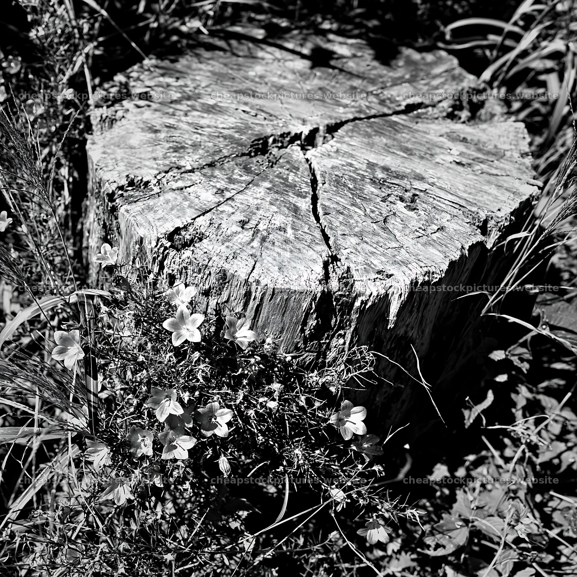 Fukushima native meadow with weathered stump and wildflowers – stock pictures 7938x7938