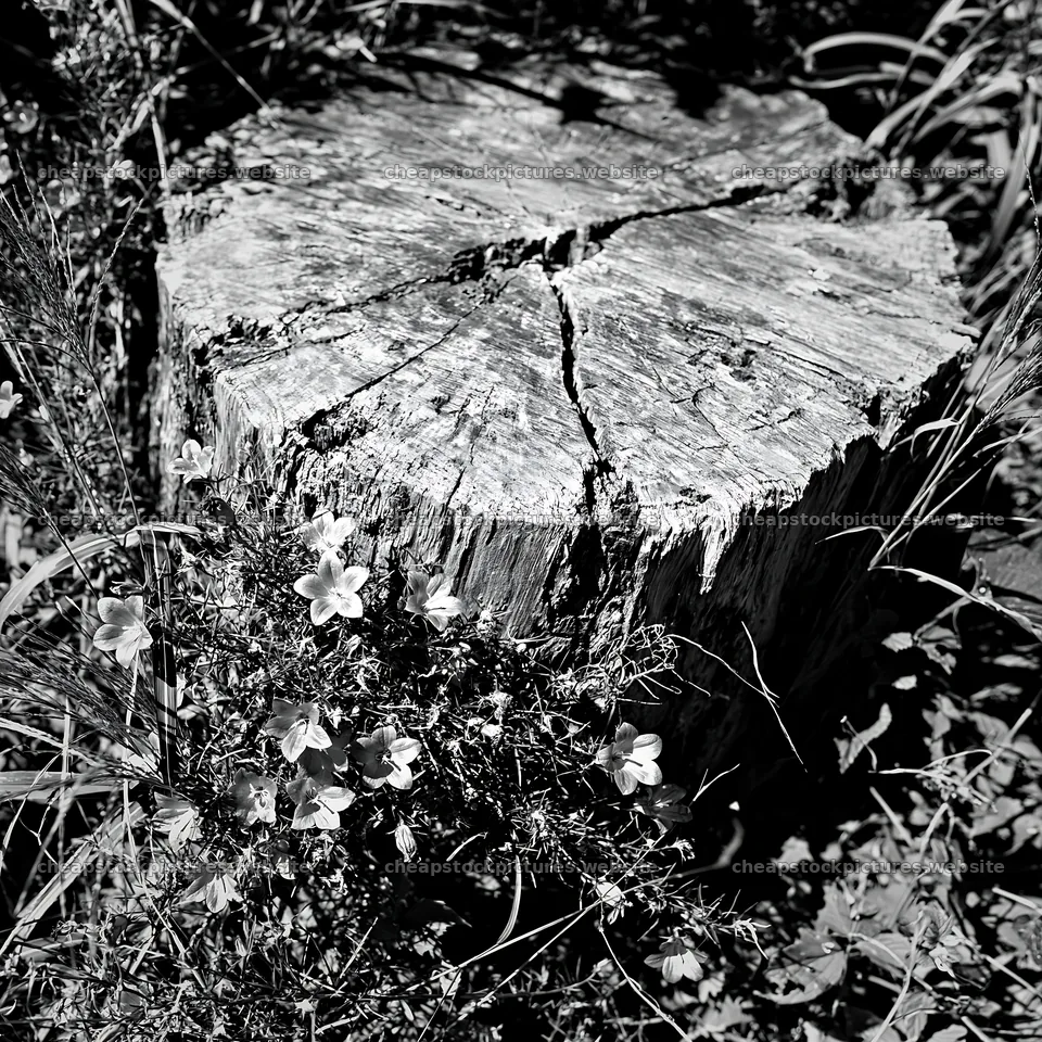 Fukushima native meadow with weathered stump and wildflowers – stock pictures 7938x7938