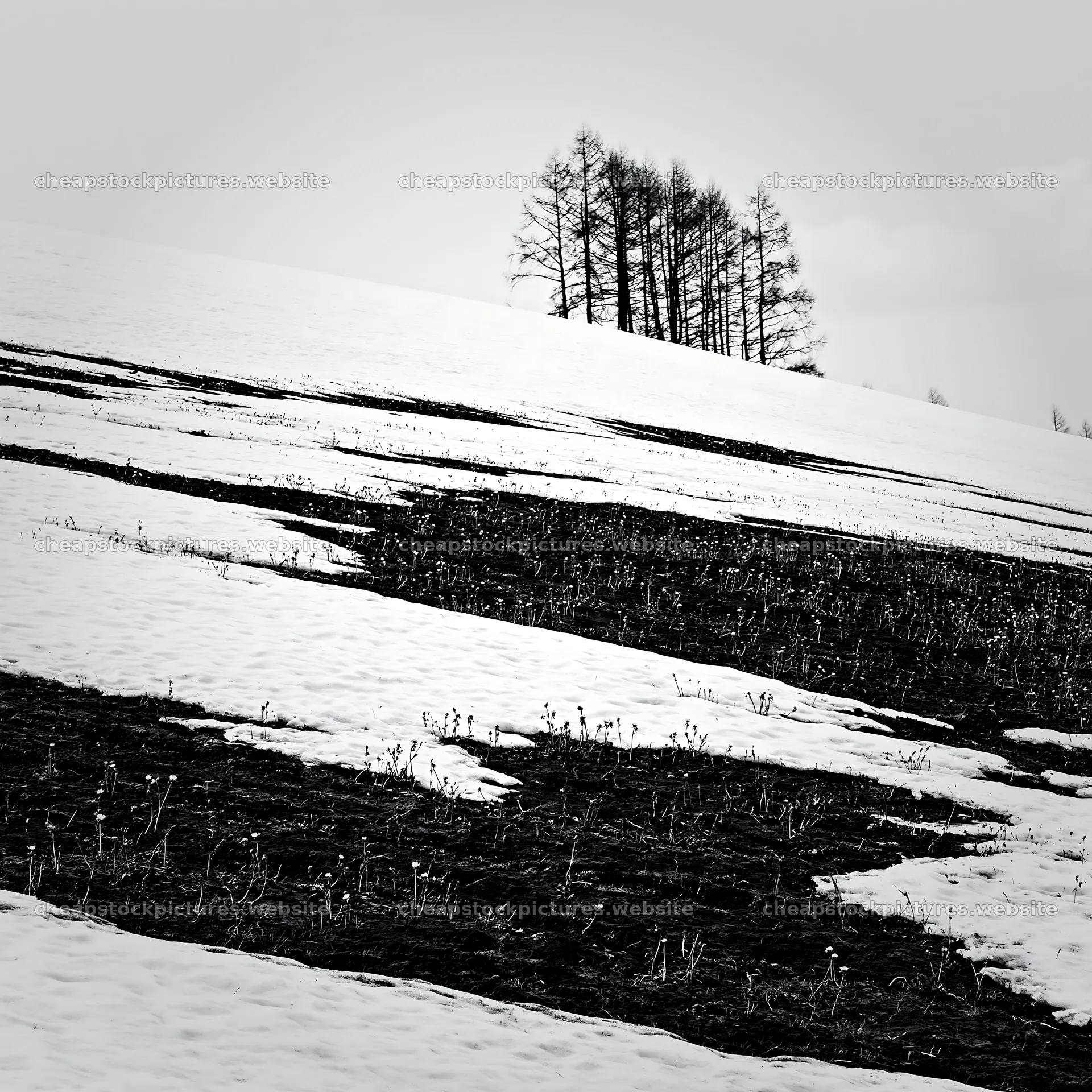Snow covered Biei hills meadow with patches of yellow flowers – stock pictures 7938x7938