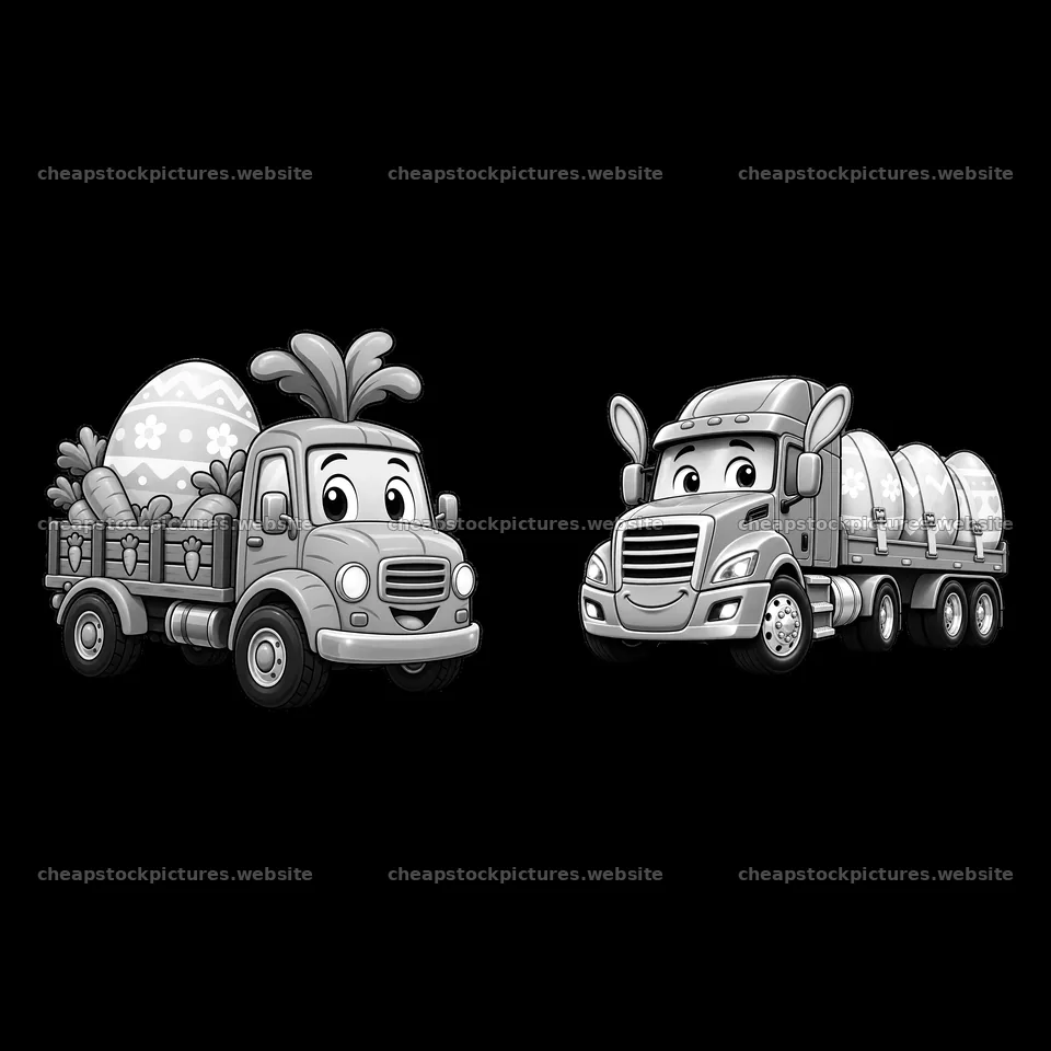 Easter truck with eggs and carrots next to a concrete mixer truck – stock pictures 7746x7746