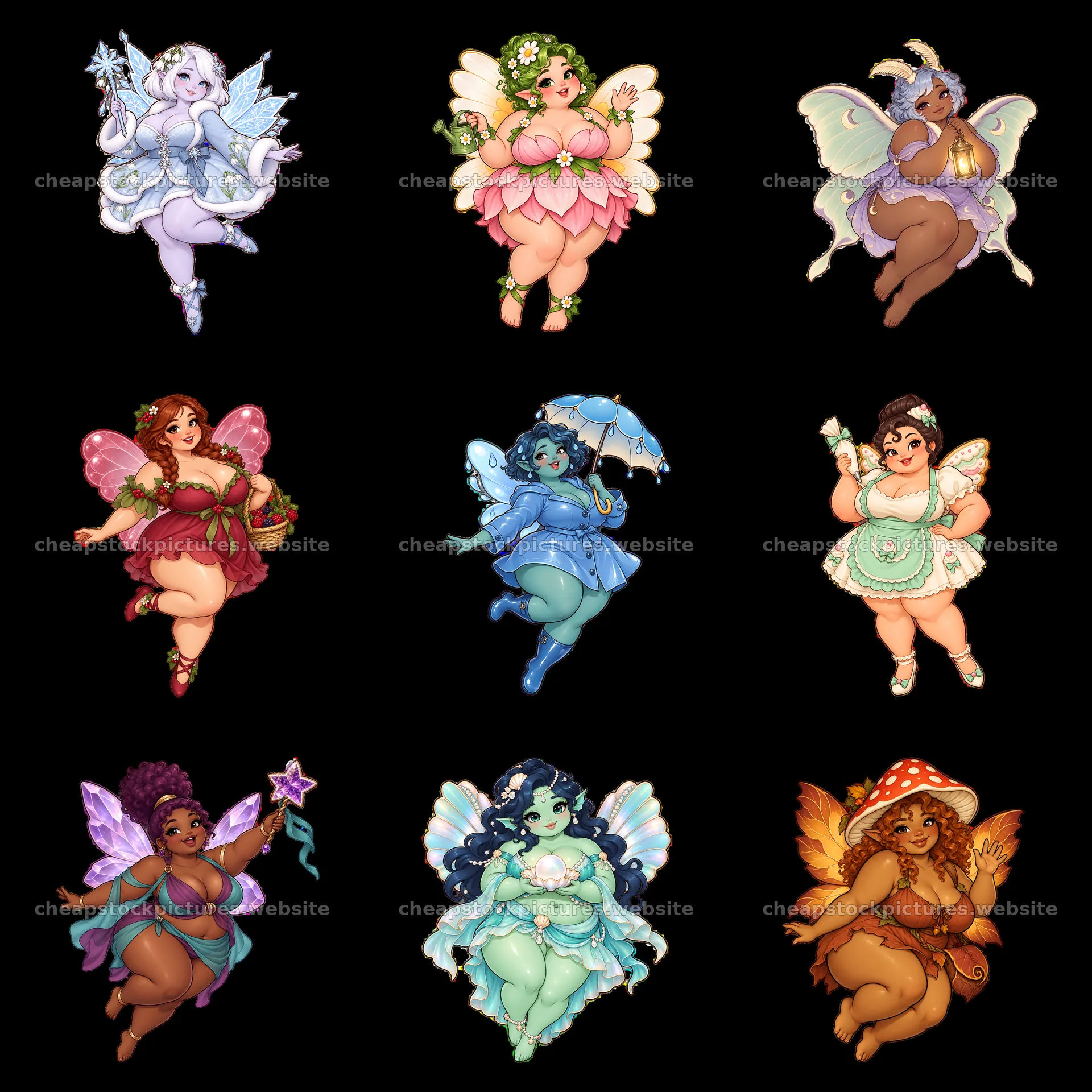 Kawaii ultra-fat fairy characters in a colorful sticker layout – stock pictures 7746x7746