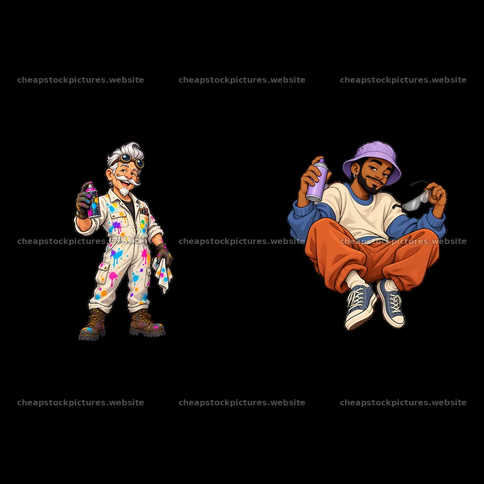 Cool graffiti sprayer duo with colorful outfits and spray cans – stock pictures 7746x7746