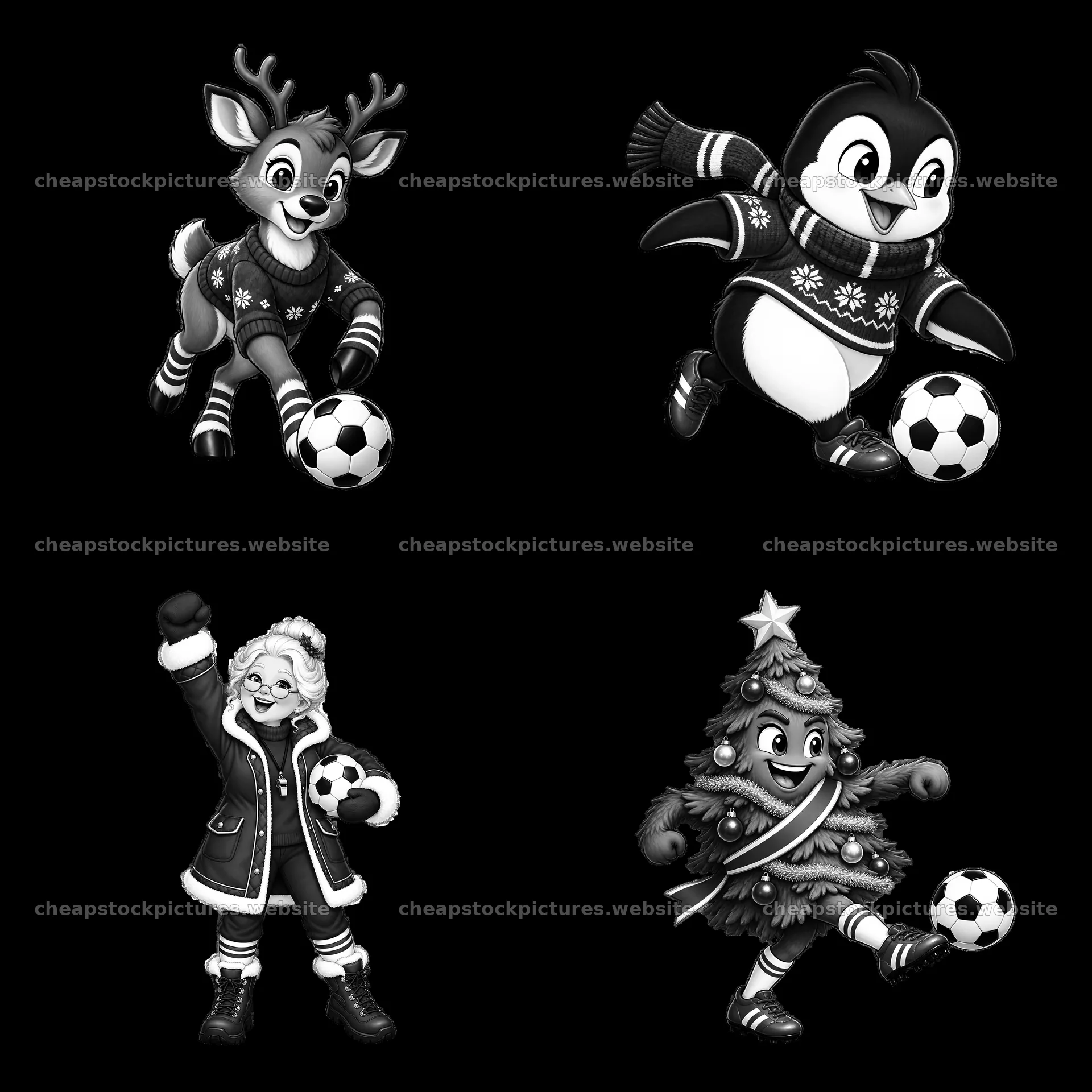 Cartoon Christmas characters playing soccer in a 2x2 layout – stock pictures 7746x7746