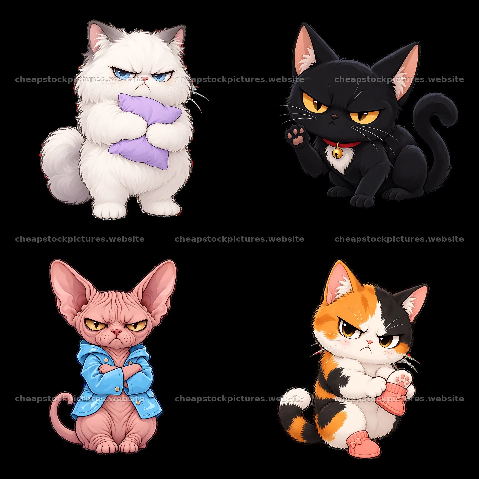 Kawaii grumpy cats in a 2x2 sticker layout – stock pictures 7746x7746