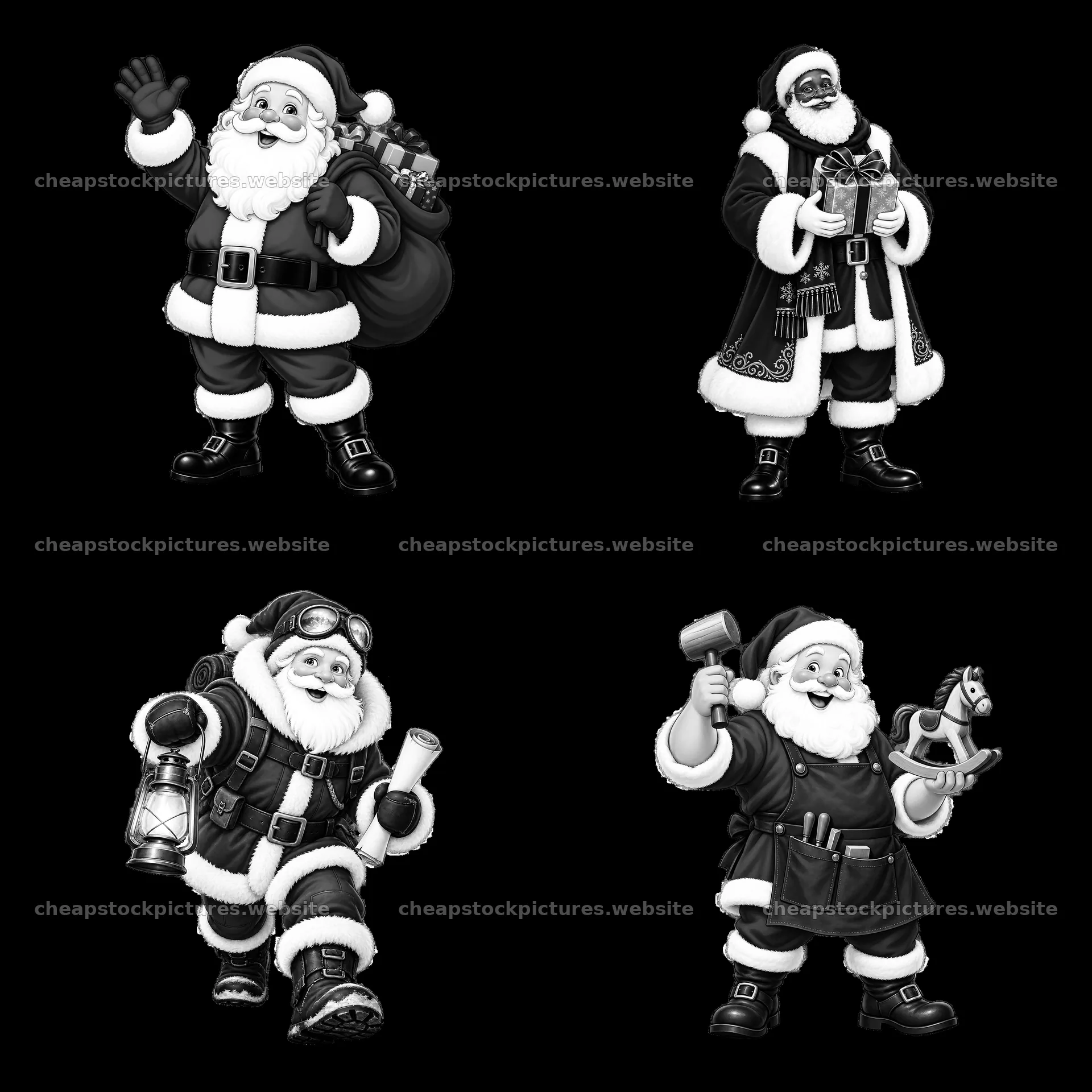 Santa Claus characters in various poses and activities – stock pictures 7746x7746