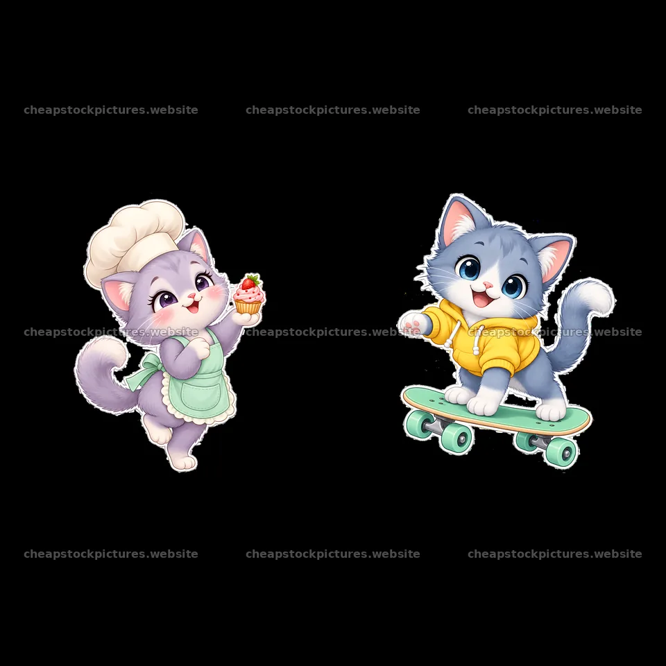 Kawaii cat characters with cupcake and skateboard in playful scene – stock pictures 7746x7746