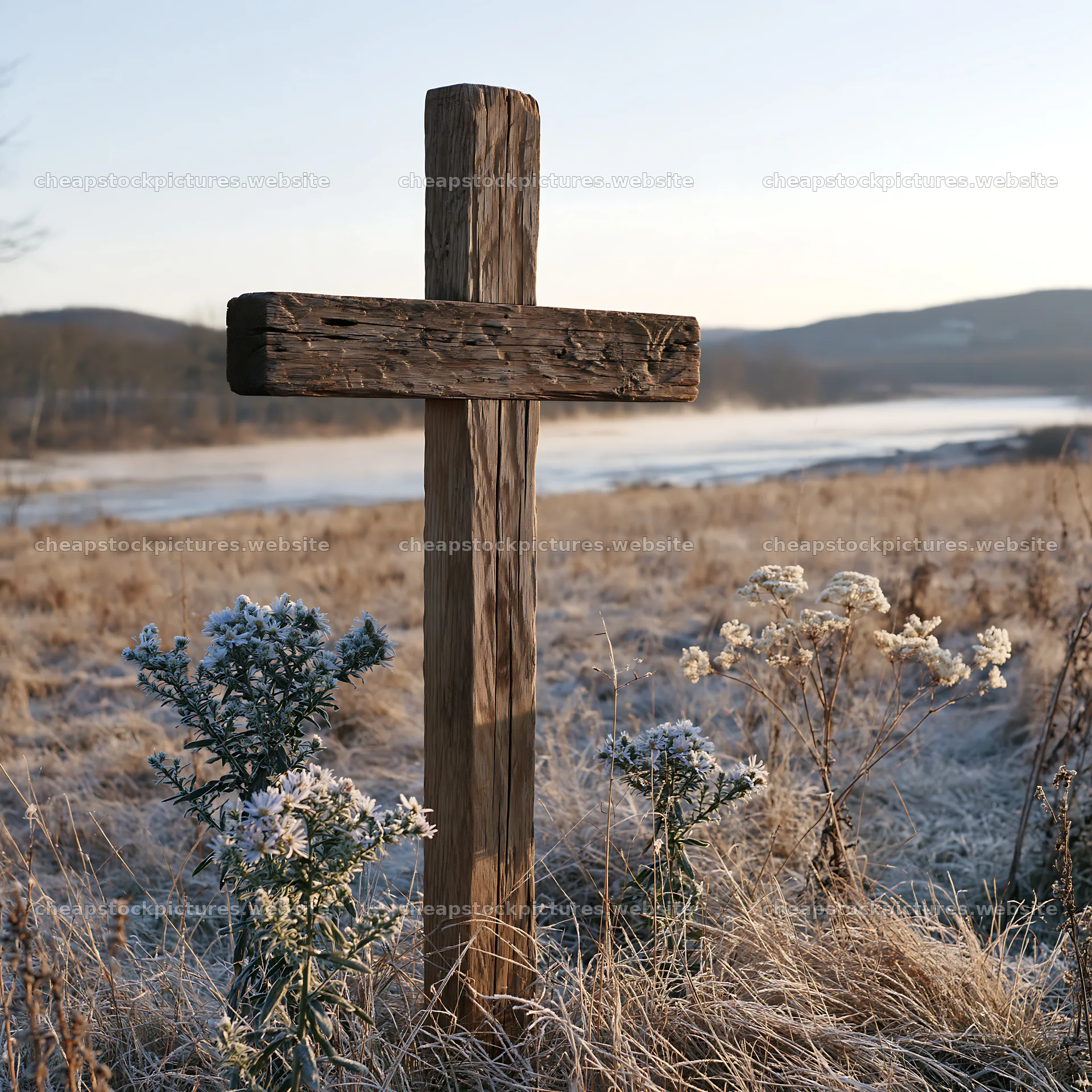 Christian cross on frost covered meadow at sunrise – stock pictures 7938x7938