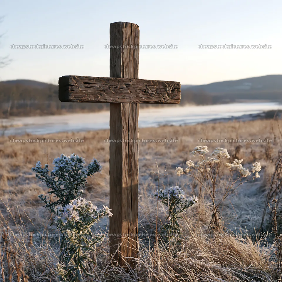 Christian cross on frost covered meadow at sunrise – stock pictures 7938x7938