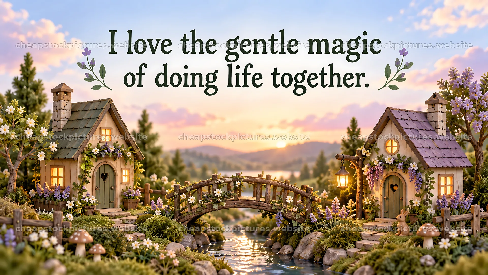 Whimsical Love Greeting with Garden Cottages – stock pictures 10324x5812