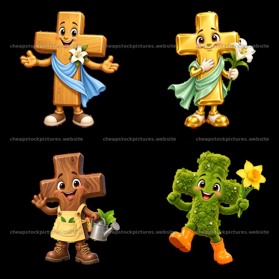 Easter cross characters with flowers in playful poses – stock pictures 7746x7746