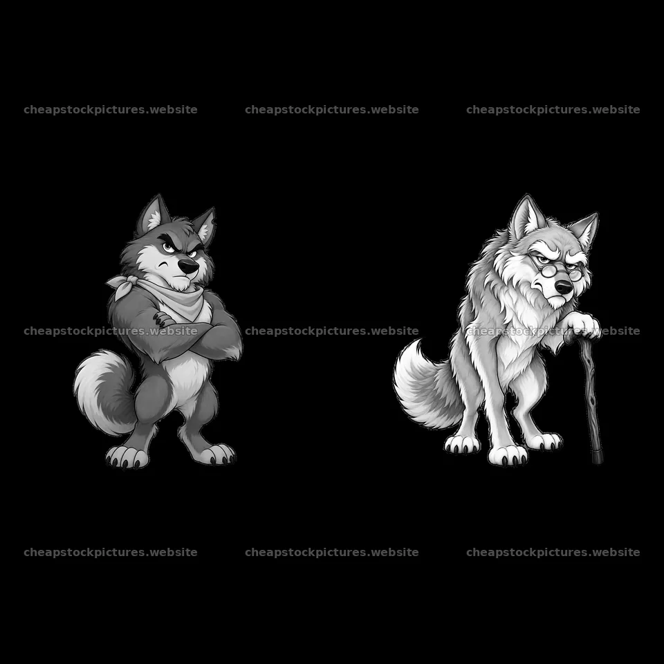 Grumpy wolf characters with different poses and expressions – stock pictures 7746x7746