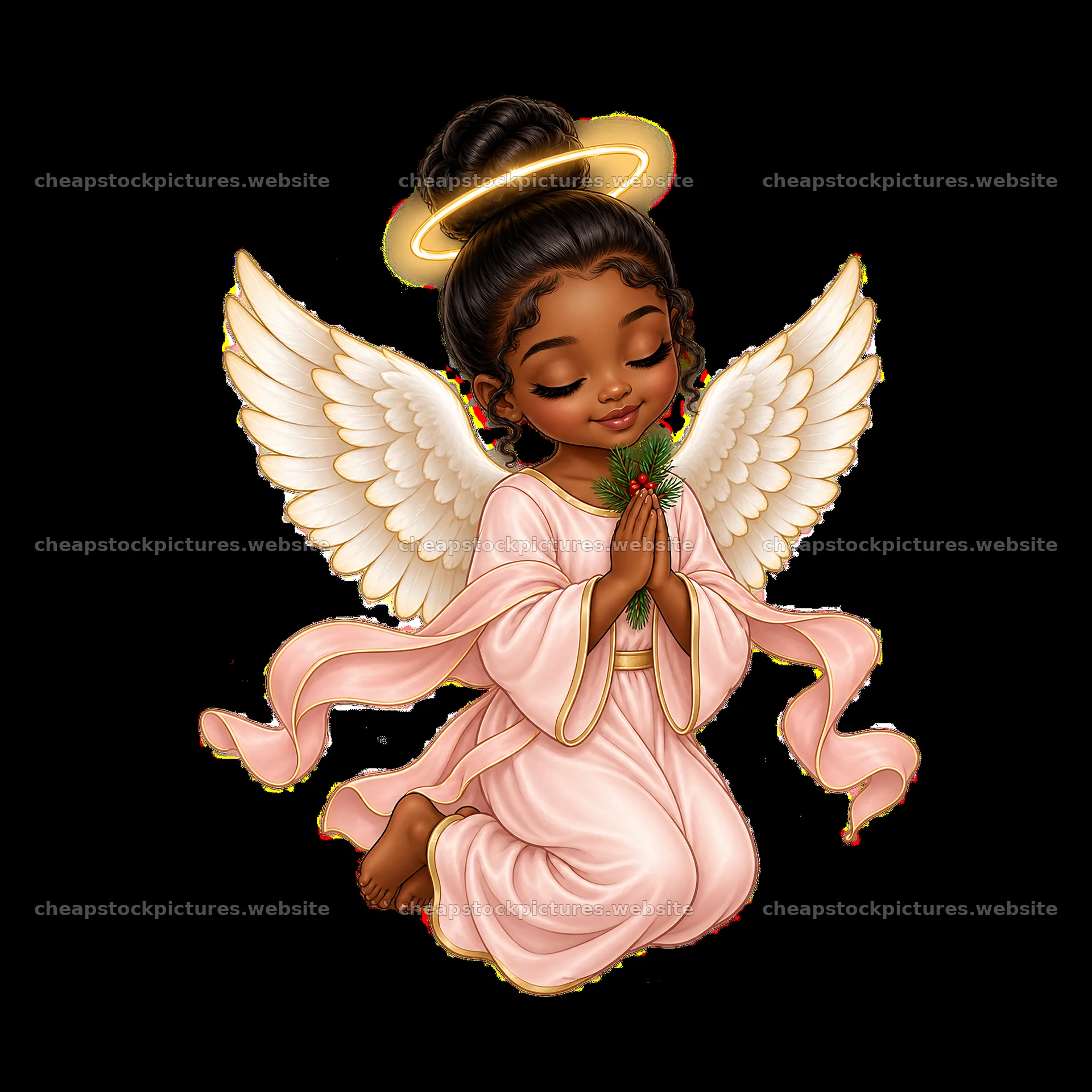 Christmas angel with a halo praying and holding a pine branch – stock pictures 7746x7746