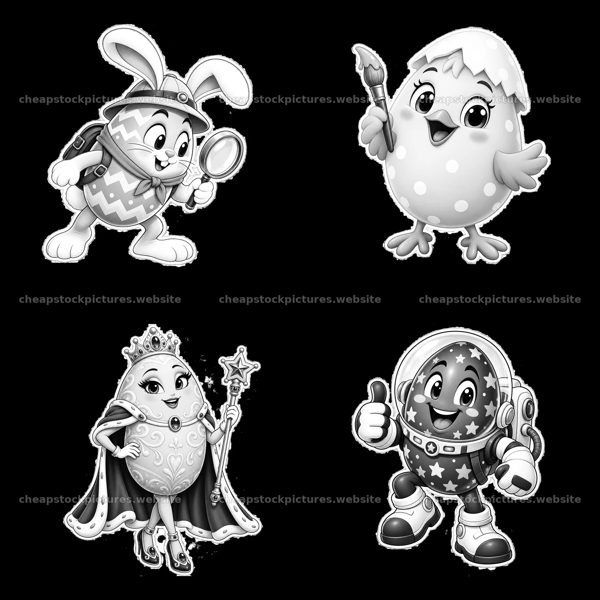 Easter-themed cartoon characters in a 2x2 layout in black and white – stock pictures 7746x7746