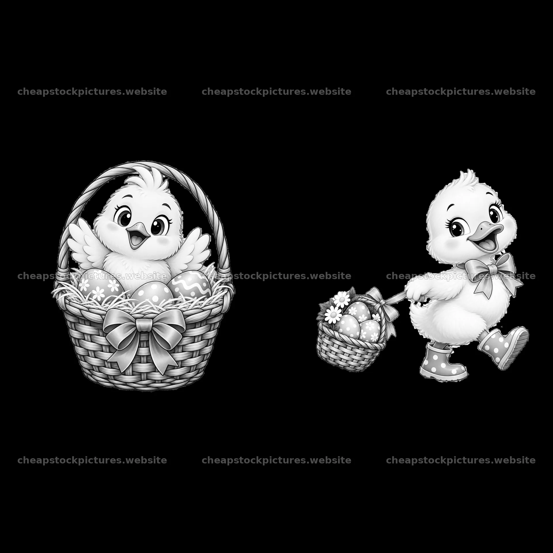Cute chick and duckling with Easter baskets – stock pictures 7746x7746