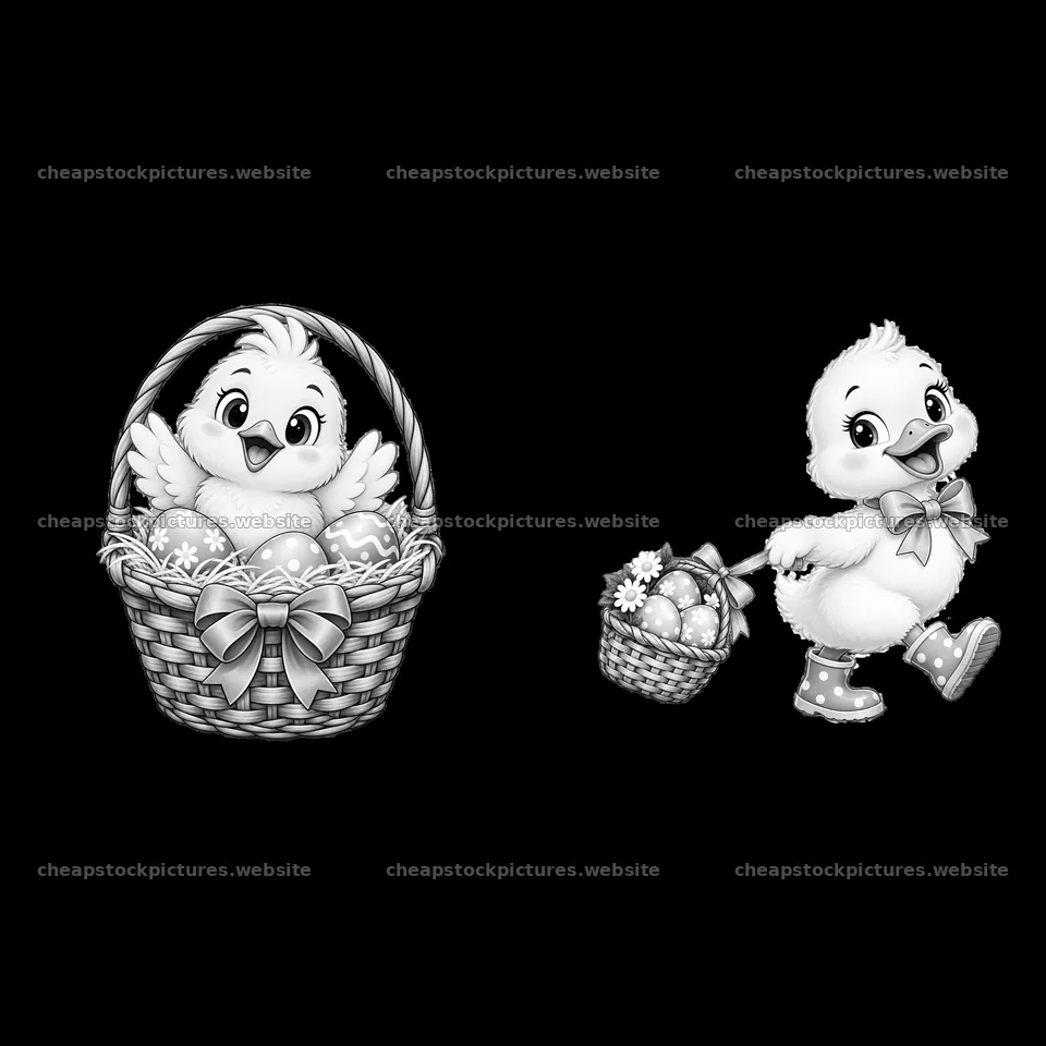 Cute chick and duckling with Easter baskets – stock pictures 7746x7746