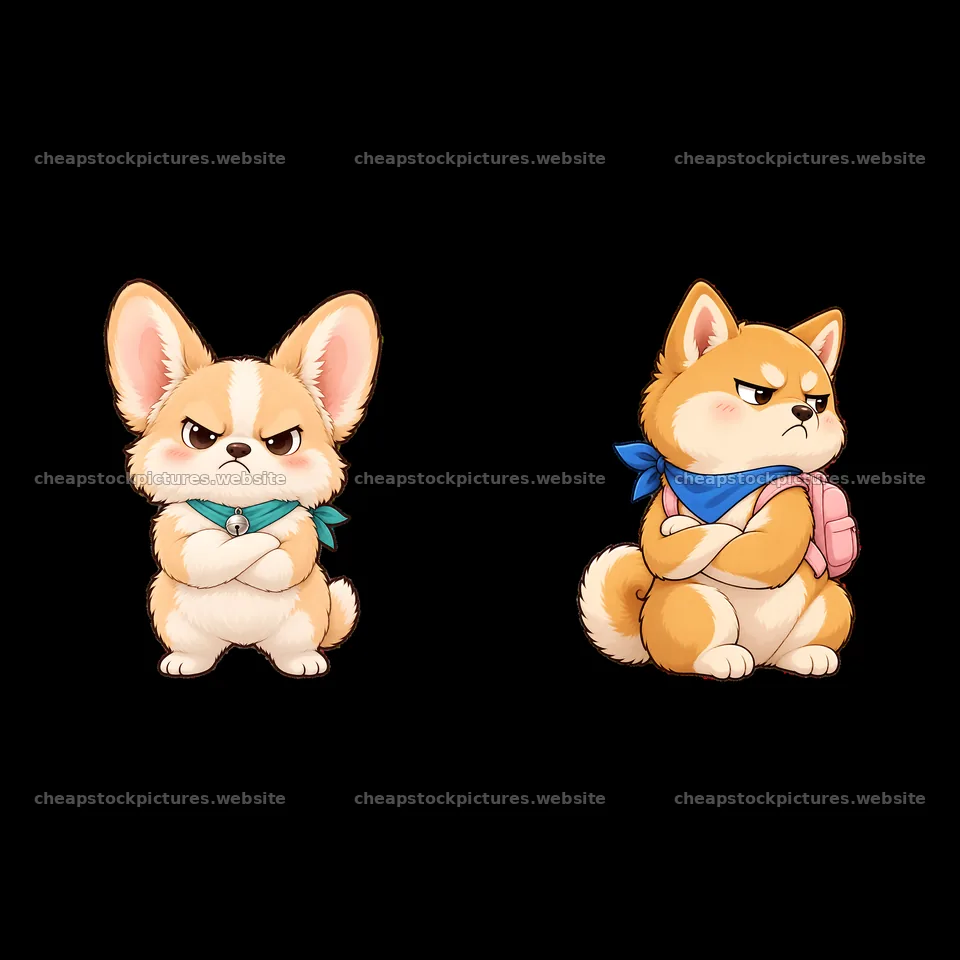 Kawaii grumpy dog stickers with accessories in matching poses – stock pictures 7746x7746