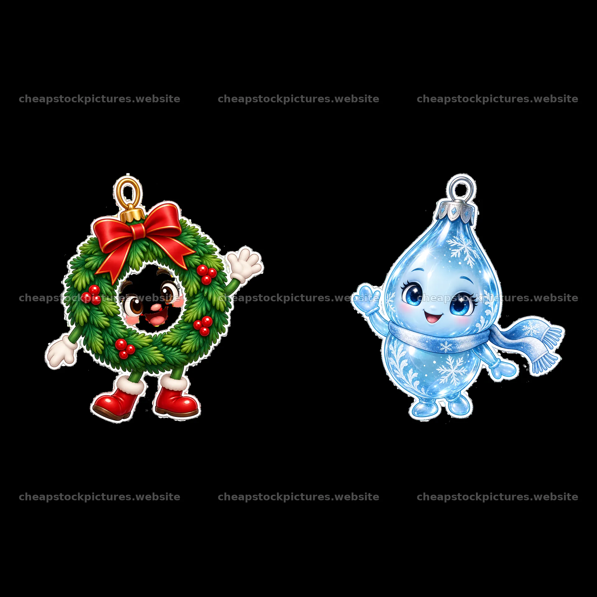Cheerful cartoon Christmas ornaments with wreath and blue teardrop – stock pictures 7746x7746