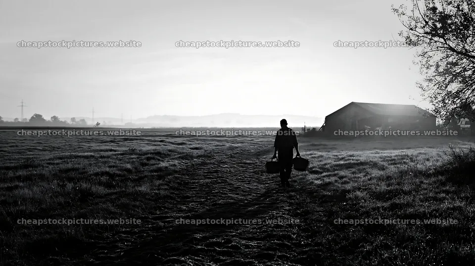Meadow sunrise with a person walking towards a farmhouse – stock pictures 10608x5938