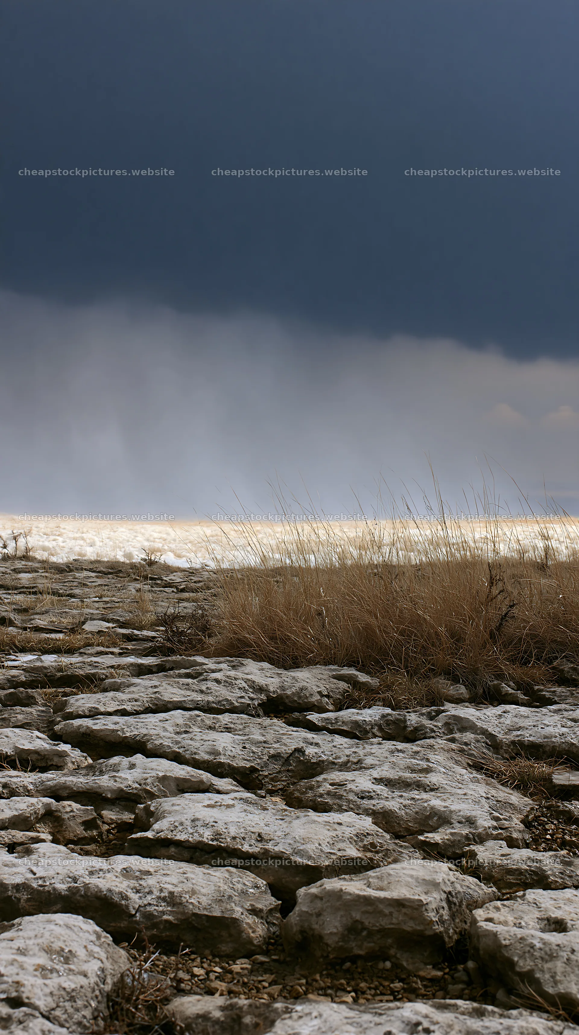 Meadow landscape with grass and rocky terrain under dark clouds – stock pictures 5938x10608