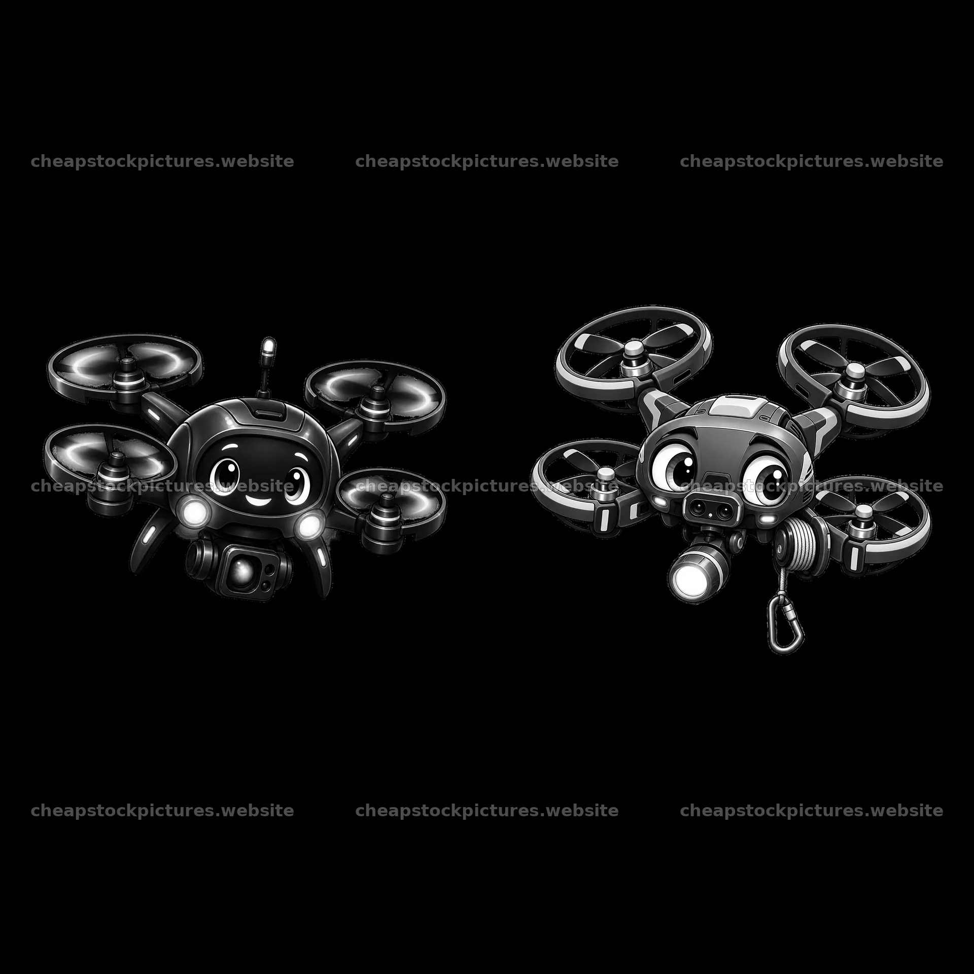 Flying drones with cartoon features and friendly expressions – stock pictures 7746x7746