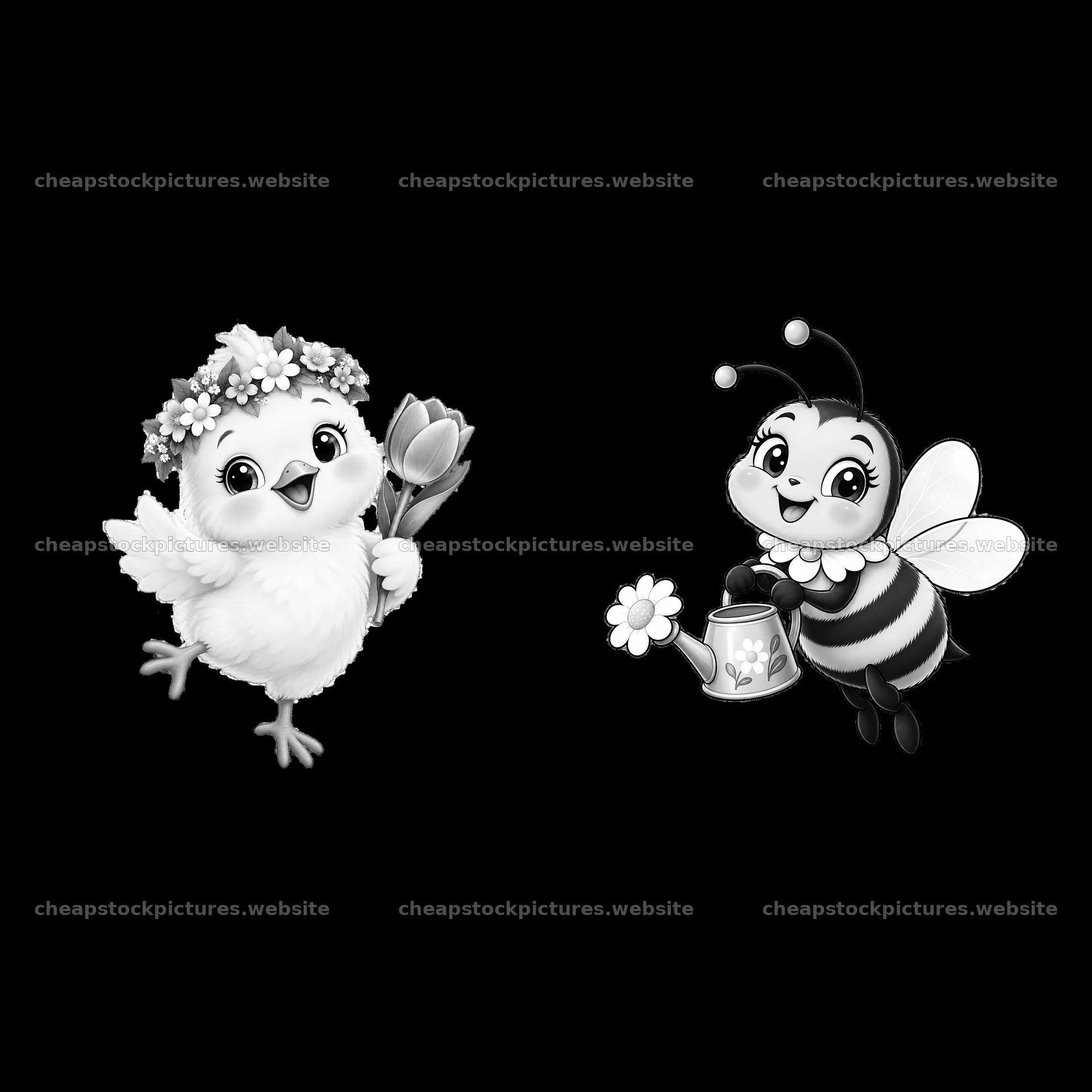 Chick with flower and bee with watering can in Easter meadow – stock pictures 7746x7746