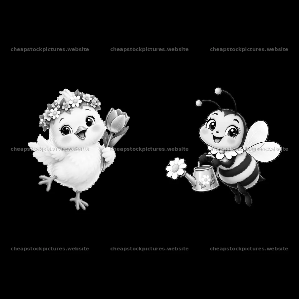 Chick with flower and bee with watering can in Easter meadow – stock pictures 7746x7746