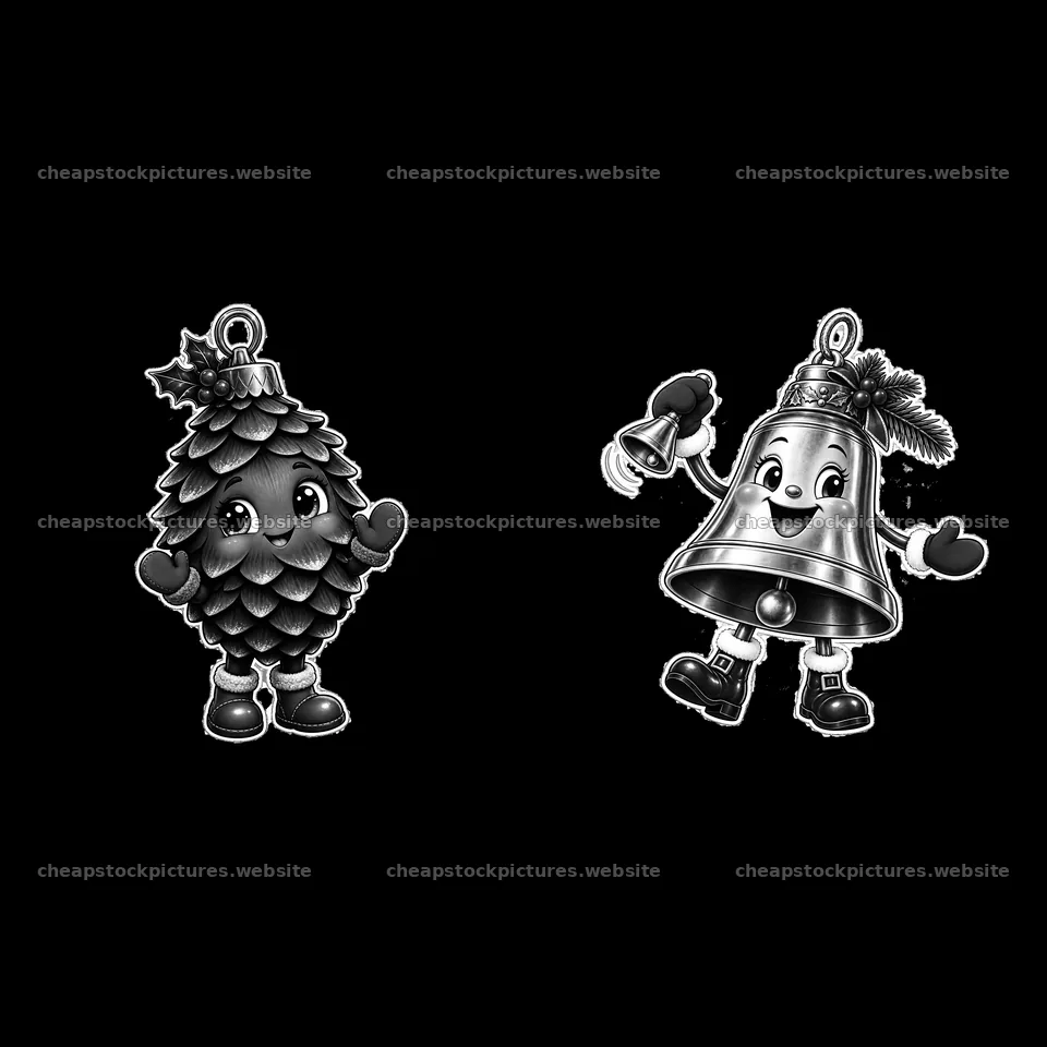 Cartoon Christmas ornaments, pine cone and bell characters – stock pictures 7746x7746