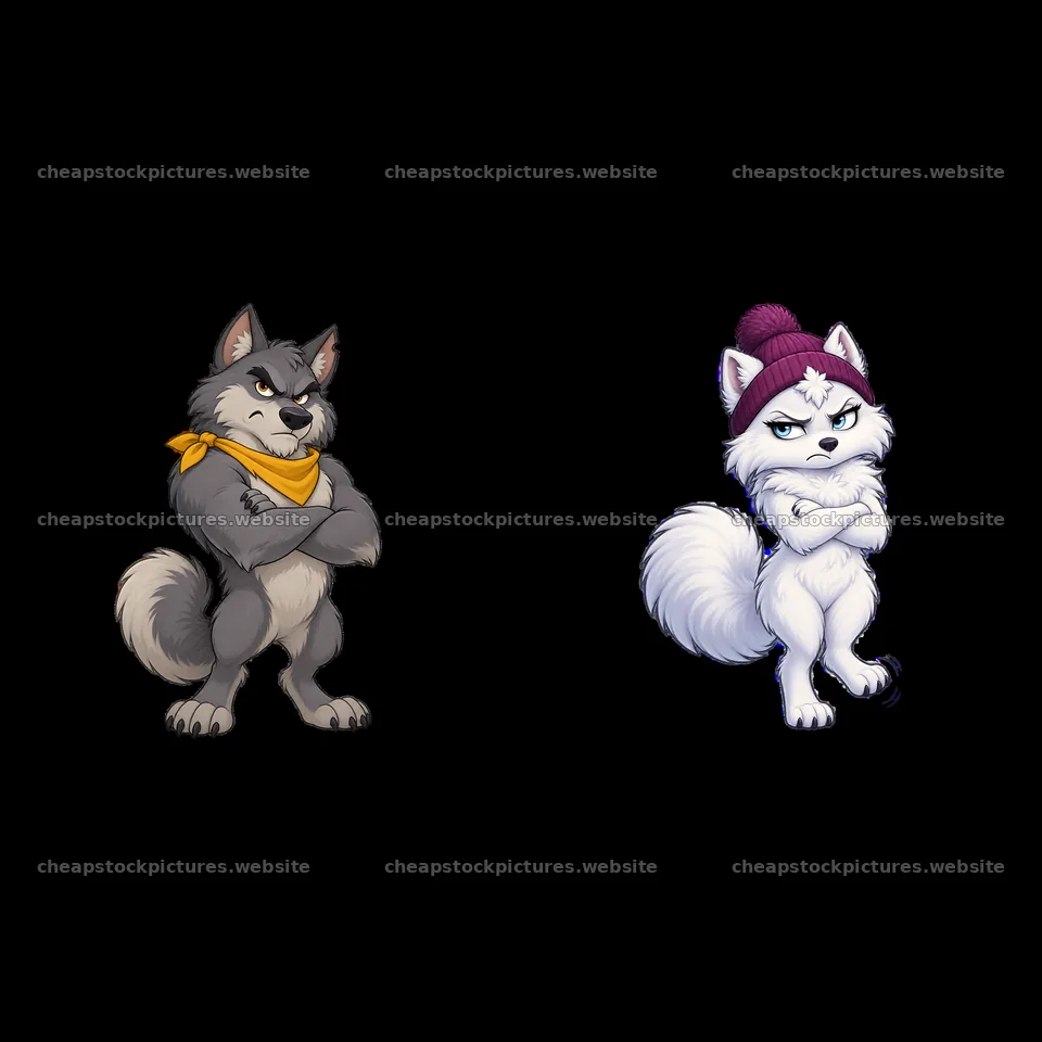 Grumpy wolf characters in a playful standoff pose – stock pictures 7746x7746