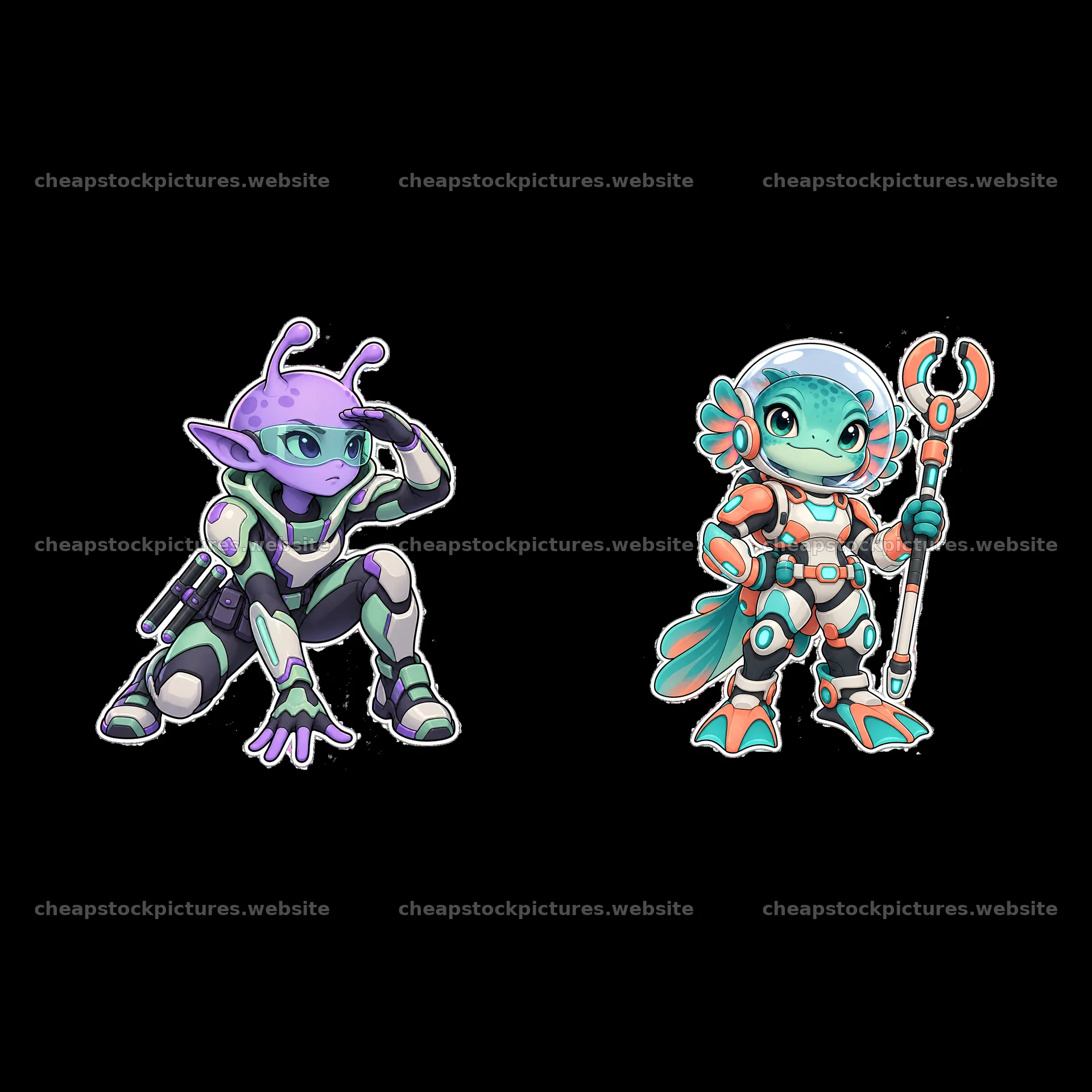 Kawaii futuristic super-soldier duo with weapons and helmets – stock pictures 7746x7746