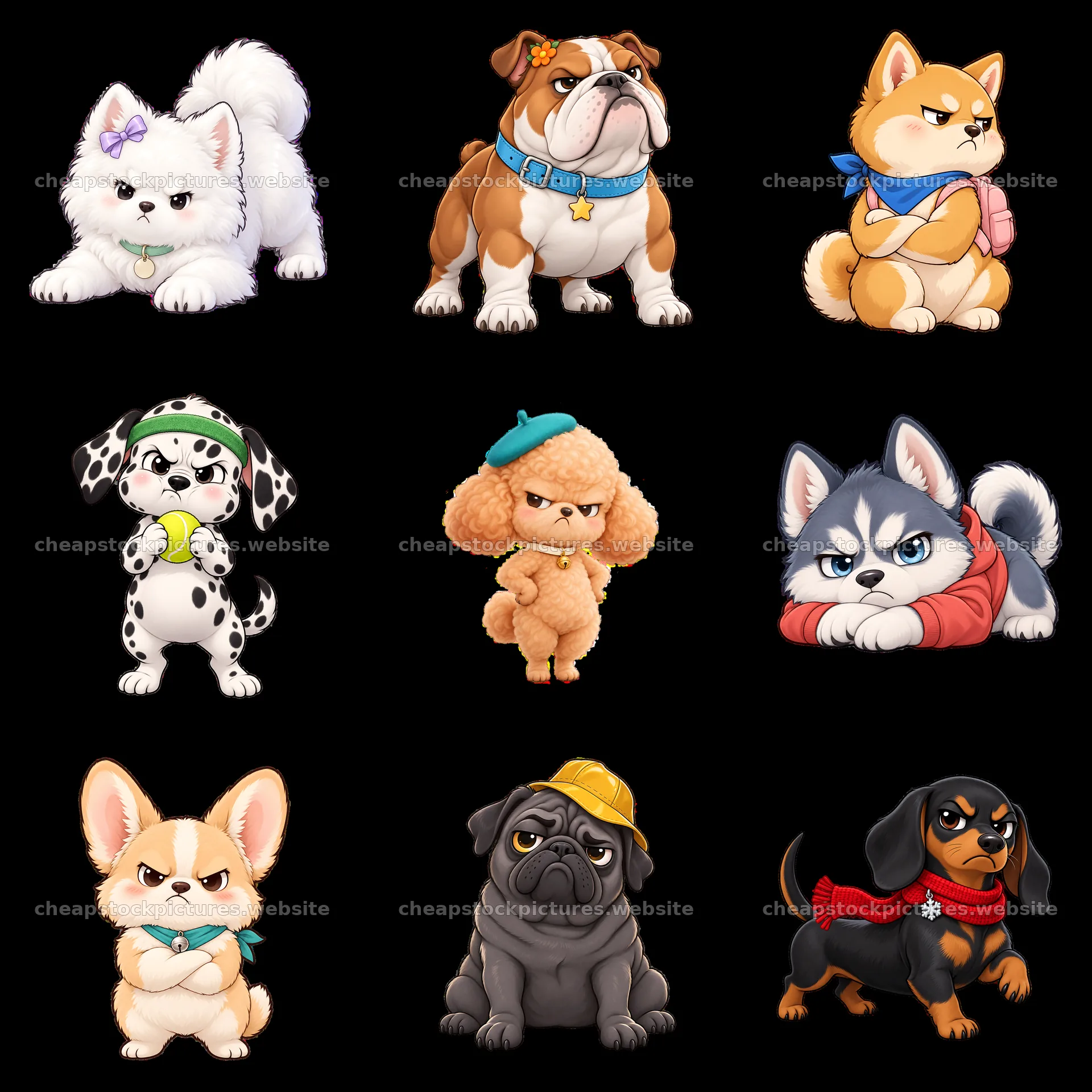 Kawaii grumpy dog stickers arranged in a 3x3 grid – stock pictures 7746x7746
