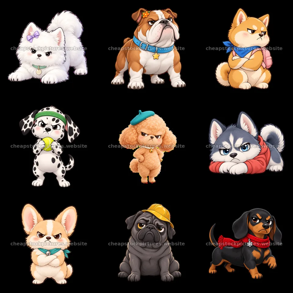 Kawaii grumpy dog stickers arranged in a 3x3 grid – stock pictures 7746x7746
