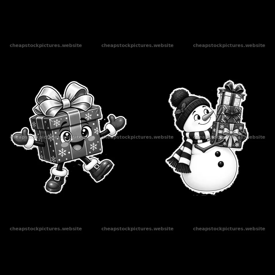 Cartoon gift box with snowman holding multiple presents – stock pictures 7746x7746