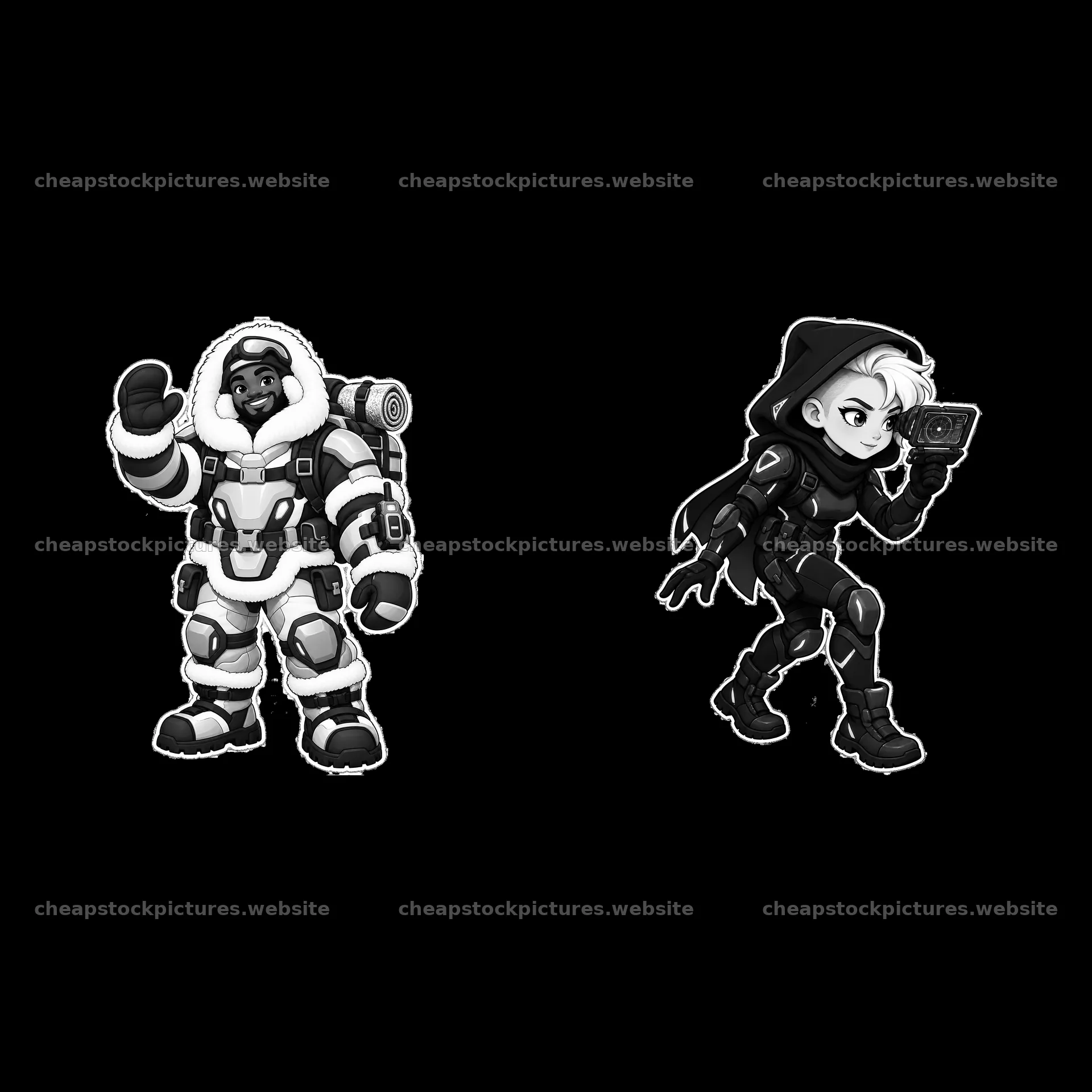 Kawaii futuristic super-soldier duo with gear and poses – stock pictures 7746x7746