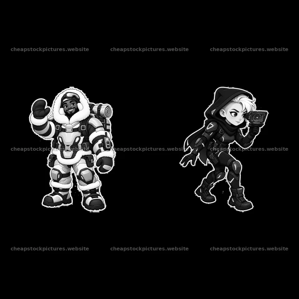 Kawaii futuristic super-soldier duo with gear and poses – stock pictures 7746x7746