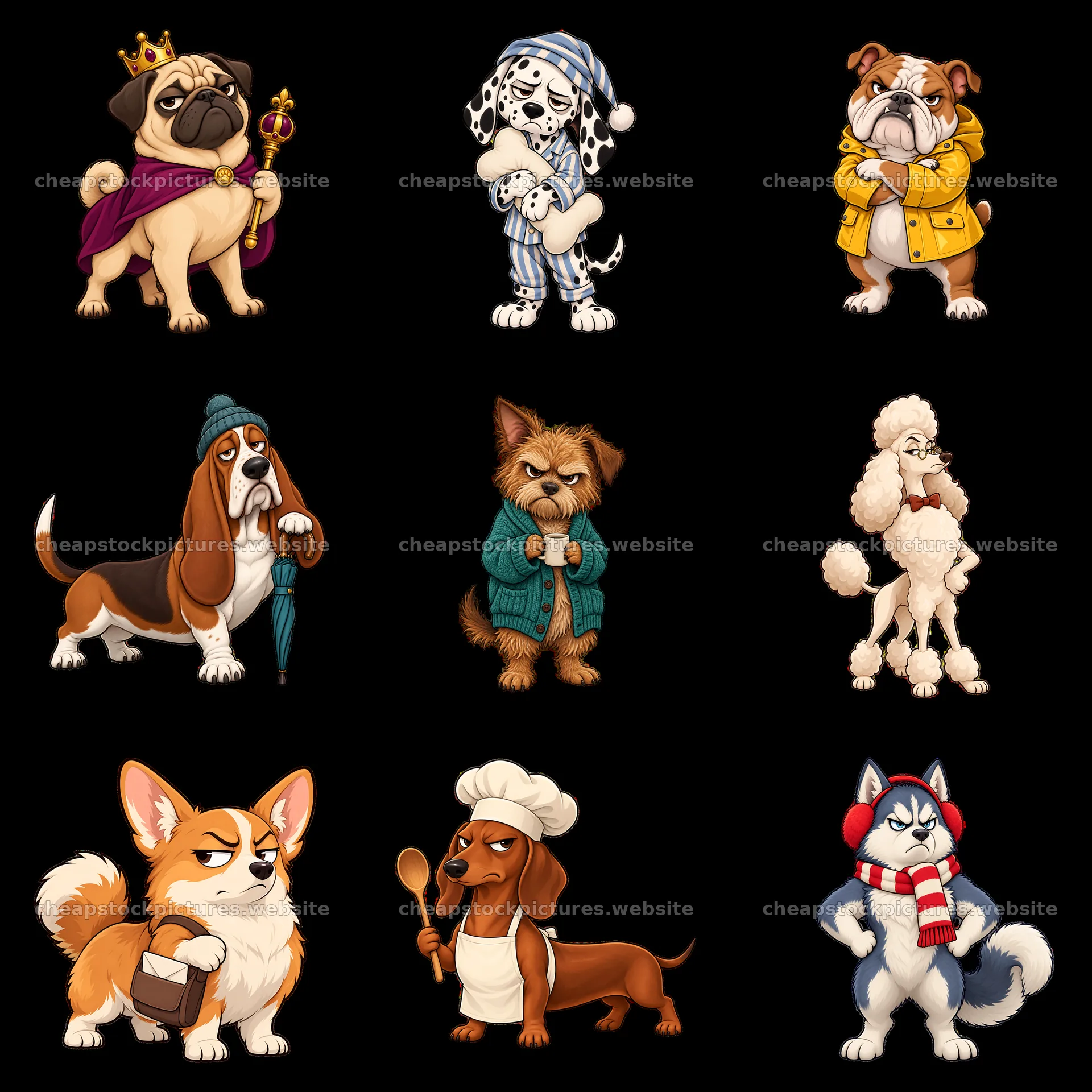 Grumpy dog sticker collection with various breeds and accessories – stock pictures 7746x7746
