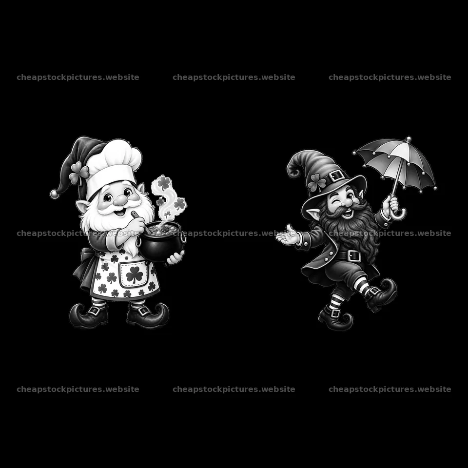 Gnome chefs with pot of gold and umbrella for St. Patrick's Day – stock pictures 7746x7746