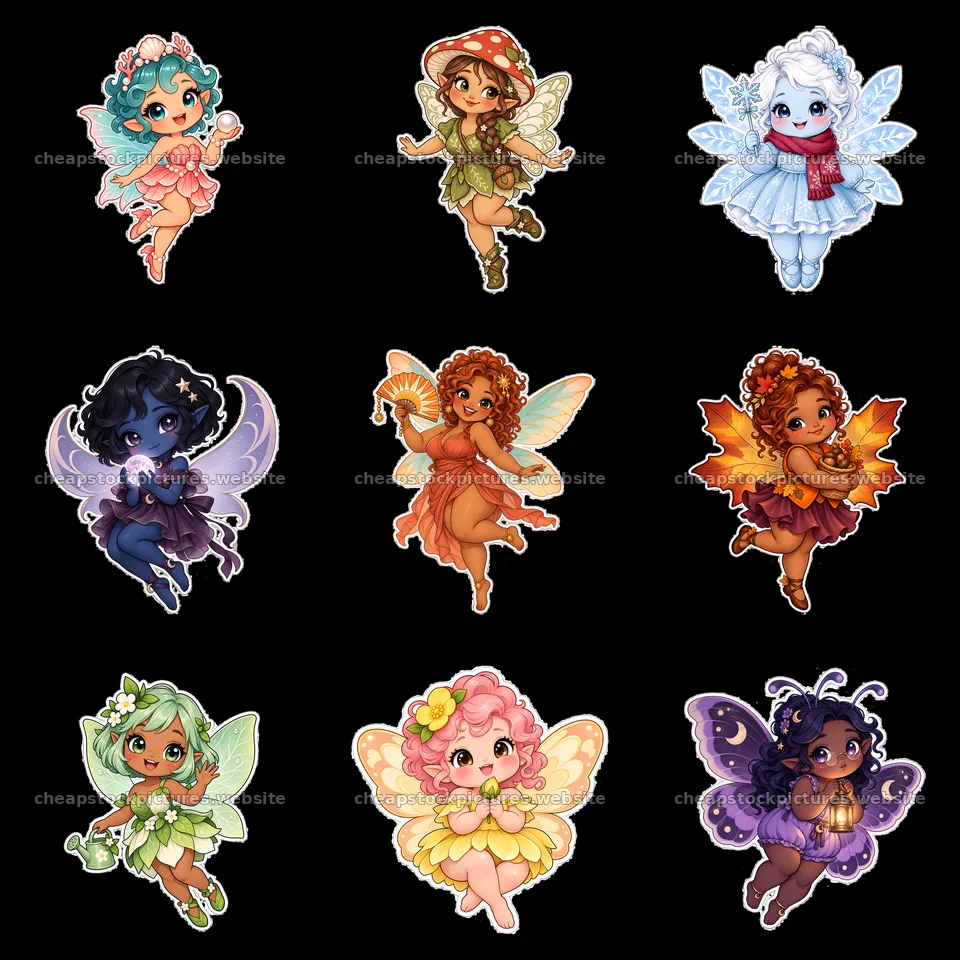 Chubby fairy characters in a cute 3x3 sticker layout – stock pictures 7746x7746