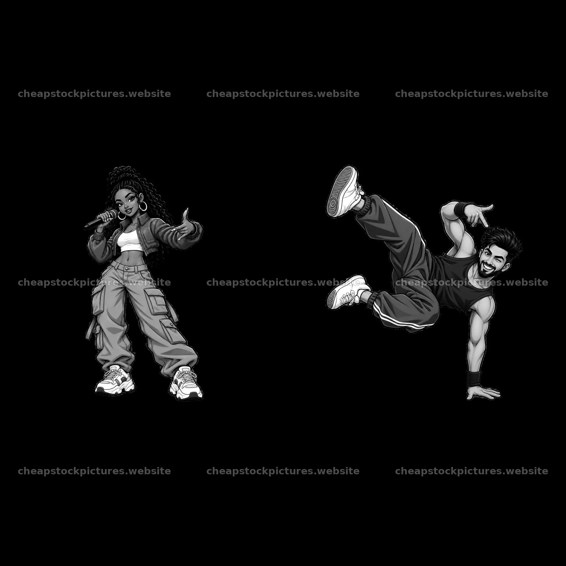 Hip-hop artist singing with breakdancer performing dynamic move – stock pictures 7746x7746