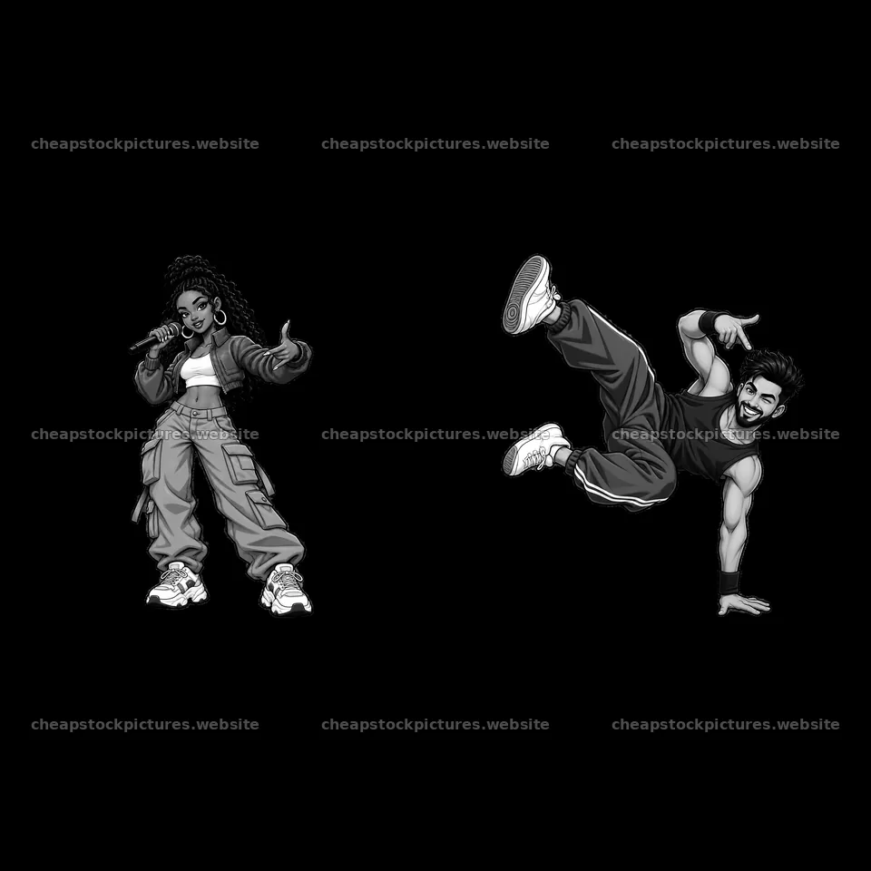 Hip-hop artist singing with breakdancer performing dynamic move – stock pictures 7746x7746